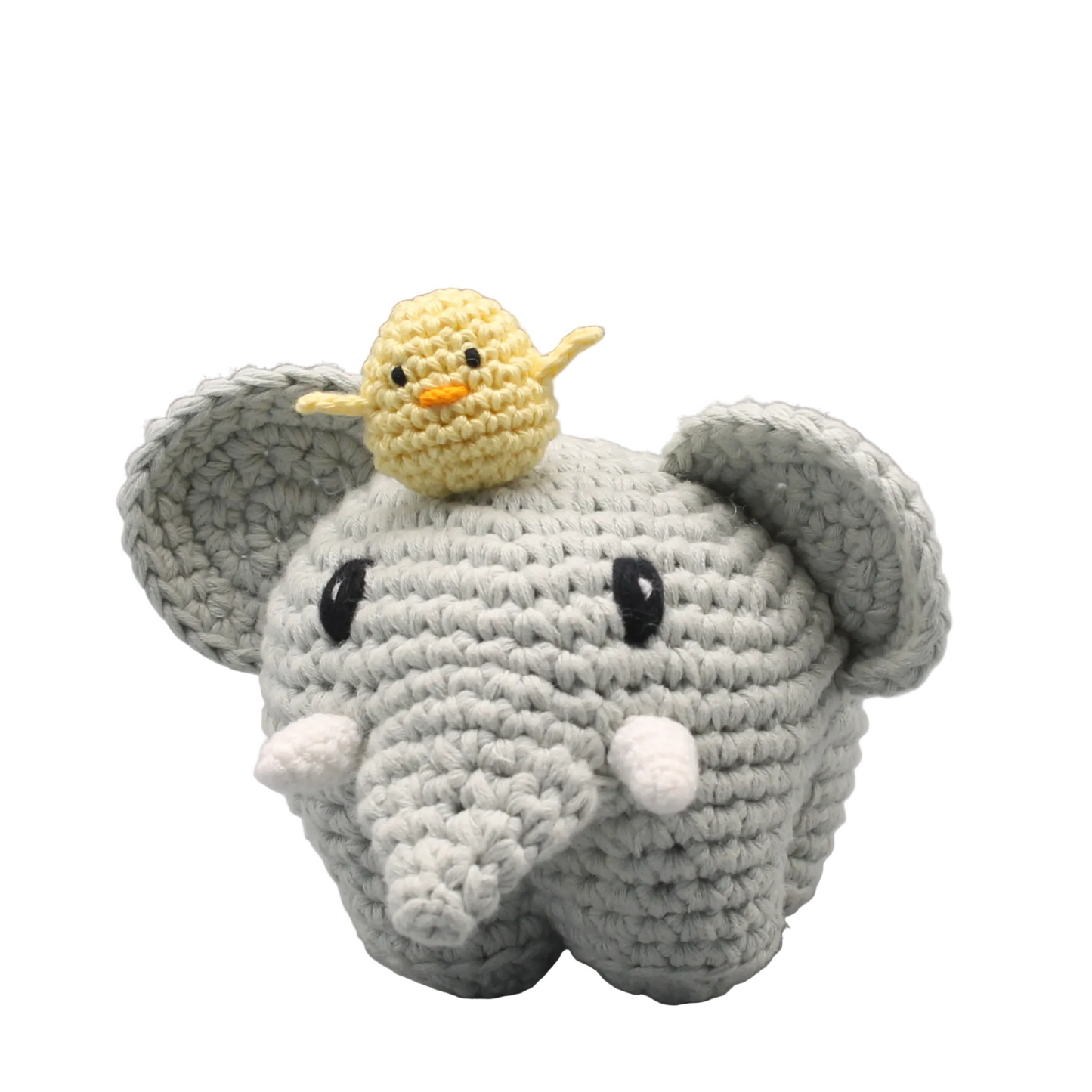 Gehäkeltes Elefant Kuscheltier mit Küken Frontansicht - handgemacht