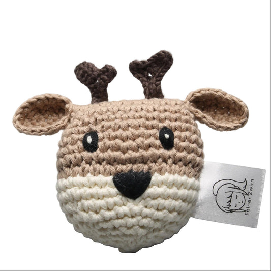 Handgefertigte Babyrassel Rentier aus Bio-Baumwolle - Frontansicht